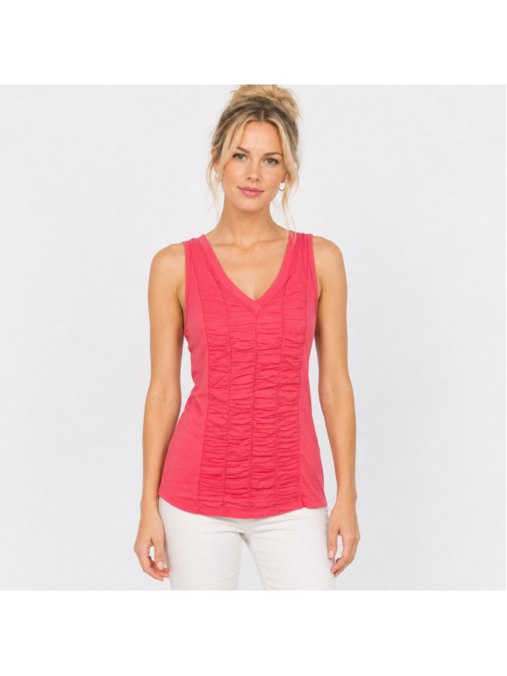 XCVI Tank Top Coral Puckered Pleated Front V Neck 100% Cotton Lagenlook Size M - Picture 1 of 9